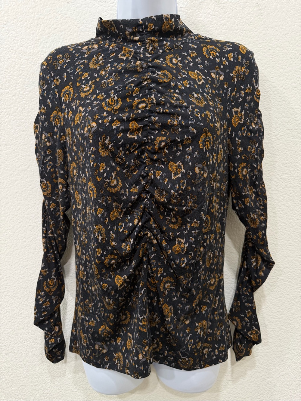 VERONICA BEARD Black Floral Ruched-Front Long Sleeve Blouse🍁🍂size M